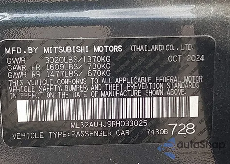 2024 Mitsubishi Mirage Es/Le z USA, uszkodzony, nr VIN ML32AUHJ9RH033025